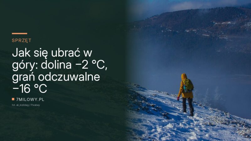 Czworo turystów w kurtkach z kapturami idzie zaśnieżoną granią nad doliną wypełnioną mgłą